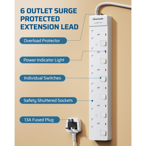 DEWENWILS 6 Way Surge Protected Extension Lead, 3250W, Wall Mountable 1