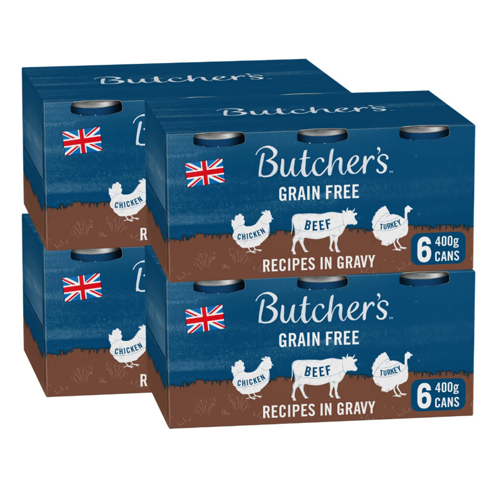 Butcher's Free Recipes In Gravy Wet Dog Food Tin Cans Variety Pack, 9.6Kg (24 X 400G) Grain