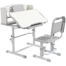ZONEKIZ Kids Desk and Chair Set, Height Adjustable Children School Study Table with Drawer, Bookshelf, Adjustable Angle Tabletop, Non-slip Mat, for