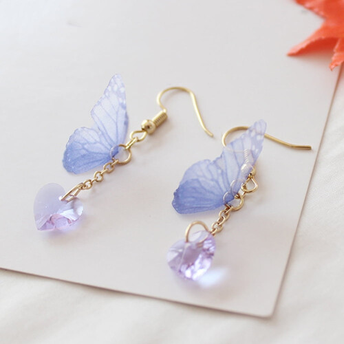 Orecchini pendenti a forma di farfalla e cuore per donna, colore viola