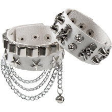 Lederarmband-Kombination: Metallstern- und Stachel-Einlage, verstellbares Grunge-/Punk-Armband mit Totenkopf und Ketten – 21 cm
