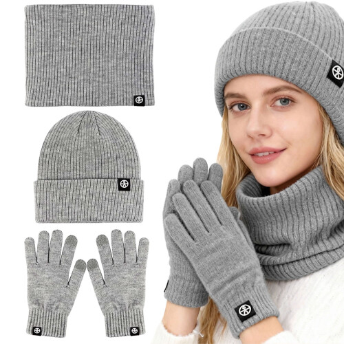 Σετ γαντιών Winter3in1Scarf για άνδρες και γυναίκες, πλεκτό καπέλο με σκούφο, γάντια με 1