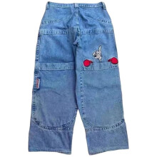 Jeans for Mens Washed Y2K Denim Pants Graphic Embroidered Long Wide Leg High Waist Loose Fit Streetwear Man Trousers Blue M