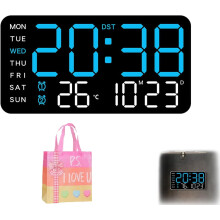 LED-wandklok zonder frame met tijd-, datum- en temperatuurweergave