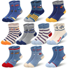 10 Pairs Kids Boys Fun Novelty Socks Toddler None Slip Cotton Crew Dress Socks Cartoon Dinosaur Car Shark Stripes