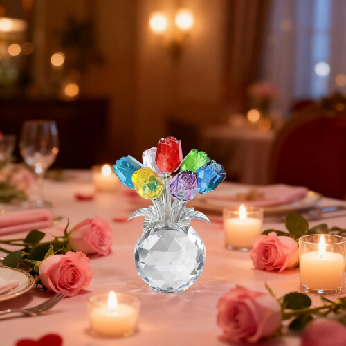 Crystal Blue Rose Ornament in Glass Vase 2