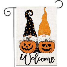 Drapeau de jardin nain d'Halloween, 32 x 46 cm, décoration de jardin citrouille en toile de jute double face – Convient à une utilisation