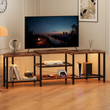 Meuble TV 67" avec éclairage LED, prises électriques et 4 étagères — Compatible avec les téléviseurs 55/65/75", marron vintage