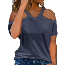Sexy Tops für Damen: Bluse mit Spitze, schulterfrei, Rundhalsausschnitt, kurzen Ärmeln, figurbetonter Passform, lässiges Sommer-T-Shirt