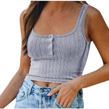 Regata feminina sem mangas, básica, justa, cropped, com botões, blusa de verão slim.