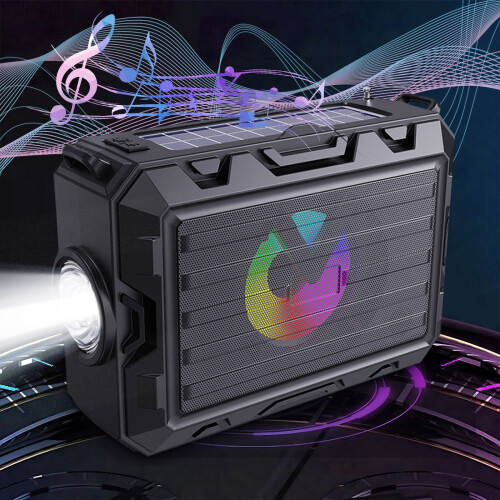 Φορητό ηλιακό ηχείο Bluetooth 5.3 με ραδιόφωνο FM, φακό, φως ανάγνωσης, τροφοδοτικό 1500