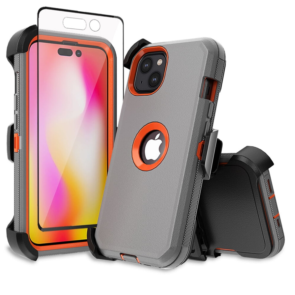 Xhy Iphone 14 Plus Case With Belt Clip, Holster & Screen Protector – Military-Grade Shockproof Armor, Detachable, + Gray/Orange 9485826324249