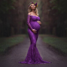 RYDCOT Casual Womens Maternity Dresses Ladies Fashion Sexy Mesh Lace Long Sleeve Photography Mopping Long Dress,Maternity/Purple 2Xl