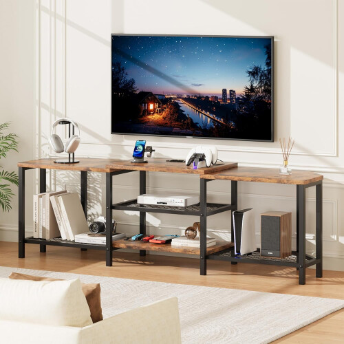 Βάση τηλεόρασης 67" με φώτα LED, πρίζες και 4 ράφια—Συμβατό με τηλεοράσεις 55/65/75", Vintage 2