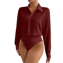 Dame casual bodysuit, ensfarvet langærmet bluse med knapper og cardiganstil, komfortabel og til hverdagsbrug eller lag-på-lag