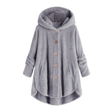 Jaqueta feminina de inverno com capuz em fleece polar macio, blusa plus size com botões, cinza