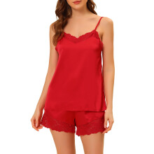 Dames satijnen pyjamasets met kanten topjes en shorts, 2-delige zijdezachte loungeset maat L, rood