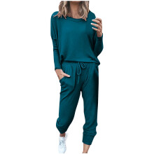 Pijamas para mujer, conjuntos para estar en casa para mujer, conjunto casual a juego para mujer, top liso de manga larga con cuello redondo y
