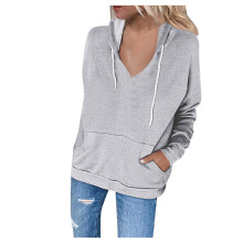 Damen-Kapuzenpullover mit langen Ärmeln, V-Ausschnitt, Taschen, Kordelzug und halbem Reißverschluss – Grau, Größe 3XL