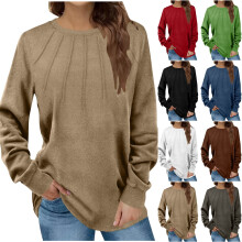Dames tops in grote maten, effen, lange mouwen, ronde hals, geplooide flanellen pullover, sweatshirt voor dames, uitgaanstop voor dames, blauw, XXL