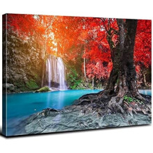 Herbstwald-Wandbilder auf Leinwand – Naturlandschaft, Bergwasserfall, roter Baumpark – Dekoration für Schlafzimmer, Badezimmer, Küche – 30 x