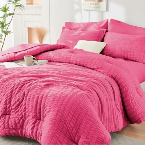Hot Pink Queen Seersucker Comforter Set 7-Piece