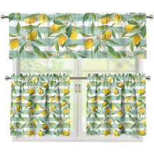 Yellow Lemon Kitchen Curtain and Valance Set of 3 Green Stripes Farmhouse Window Curtains for Home Window Decorations