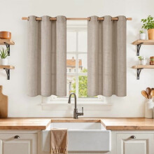 Cortinas de cozinha em linho cor aveia, 42x40 polegadas (107x102 cm), cortinas semitransparentes em juta com ilhós bronze, filtram a luz, 2