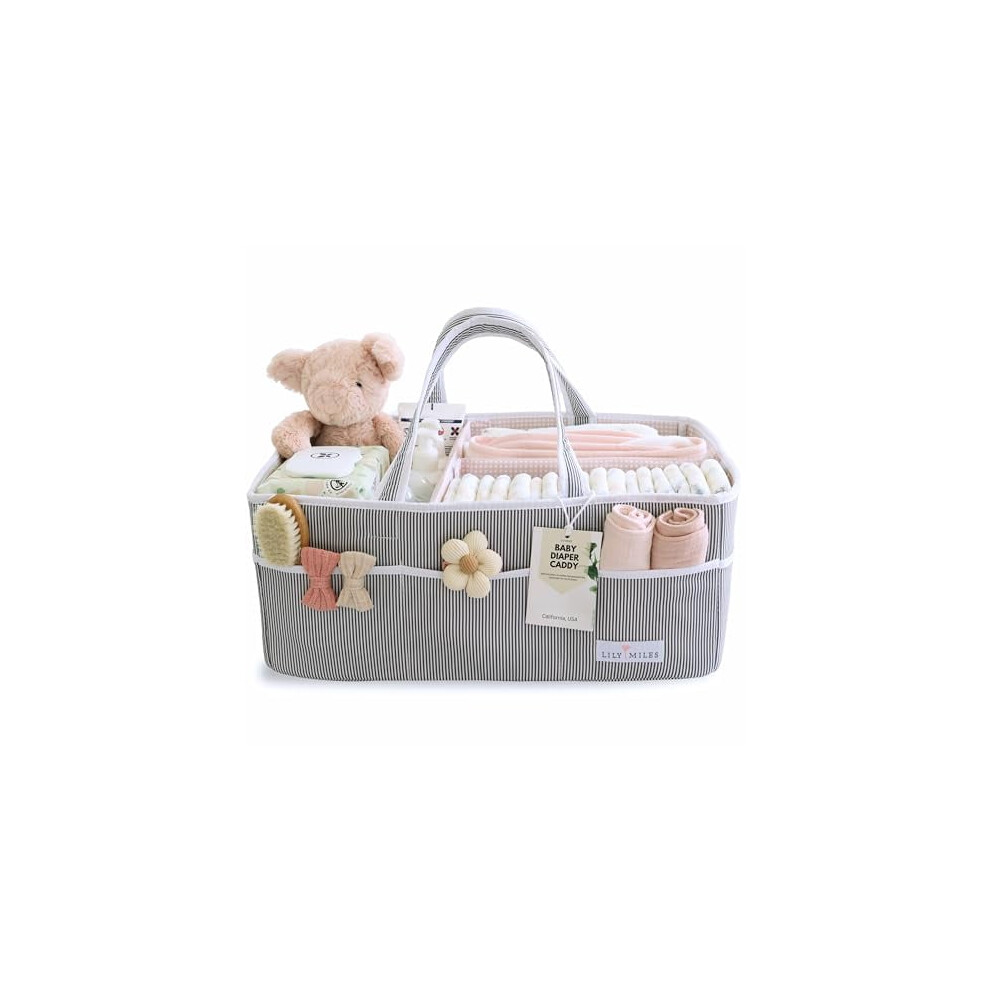 Extra Large Baby Diaper Caddy Tote – Gray/Blush Organizer for Nursery, Shower Basket & Car Travel – Compatible with Newborn Essentials