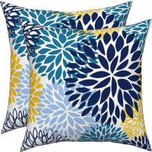 Dahlien-Kissenbezüge in Marineblau und Gelb, 20x20 Zoll, 2er-Set, geometrisches Blumenmuster in Türkis, für drinnen und draußen, Landhausstil,