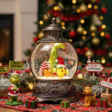 Lighted Christmas Snow Globe with Gnomes, Santa & Elf – Musical, Glittering, Battery/USB Powered