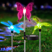 Set van 3 solar buitenlampen met meerkleurige LED-verlichting in de vorm van een vlinder, libelle of kolibrie, geschikt voor op een grondpen.