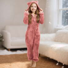 Tutina intera con cappuccio in pile di flanella, vestibilità aderente, con orecchie, chiusura a zip, pigiama, costume da gioco per bambini di 9-10