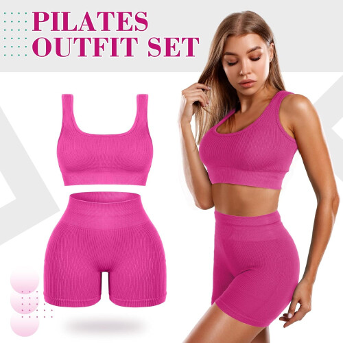 4 τεμάχια γυναικεία σετ γυμναστικής Pilates, αθλητικό σουτιέν με ριμπ λαιμόκοψη, 1