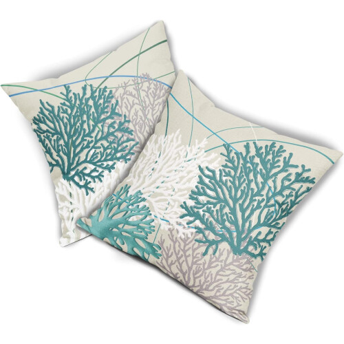 Capas de almofada para exterior Teal 24x24 polegadas (conjunto de 2) – Design de corais e estrelas-do-mar com inspiração costeira oceânica, 1