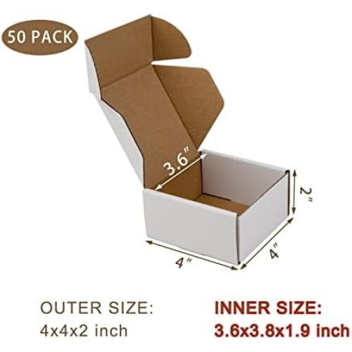 50Pack4x4x2Inches Μικρά Κουτιά Αποστολής, Λευκά Κουτιά από Κυματοειδές Χάρτινο, Κουτί 1