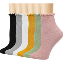 Damen-Rüschensocken, niedliche Rüschen-Knöchelsocken, atmungsaktive Baumwolle, warm, weich, lässige Socken für Damen, 6er-Pack