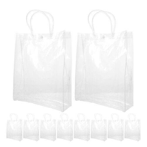 Conjunto de 10 sacolas de presente transparentes em PVC com alças.