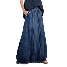 Farmerszoknya, hosszú, lenge szoknyák nőknek, divatos cowboy kényelmes, rugalmas, plus size szoknya gombokkal, kék M