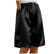 Shorts casuales de verano para mujer, cintura elástica lisa con bolsillos y detalle de botón, pierna recta holgada – Playa/Vacaciones/Uso diario