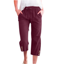VERUGU Pantaloni Capri pentru femei La modă Casual Solid Elastic Pantaloni Lejeri Drepți Pantaloni Largi cu Buzunar Wine3XL