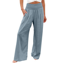 Pantalon palazzo taille haute Ă jambes larges en coton et lin pour femme QLEICOM, bleu clair, 3XL (US14), avec poches