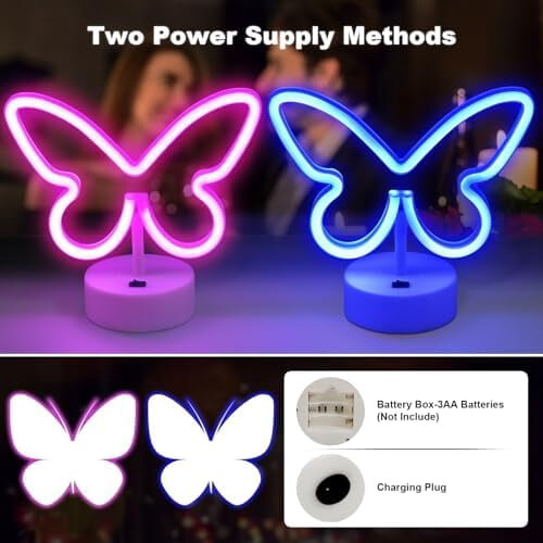 Lampe papillon néon LED rose, lot de 2, piles USB 2
