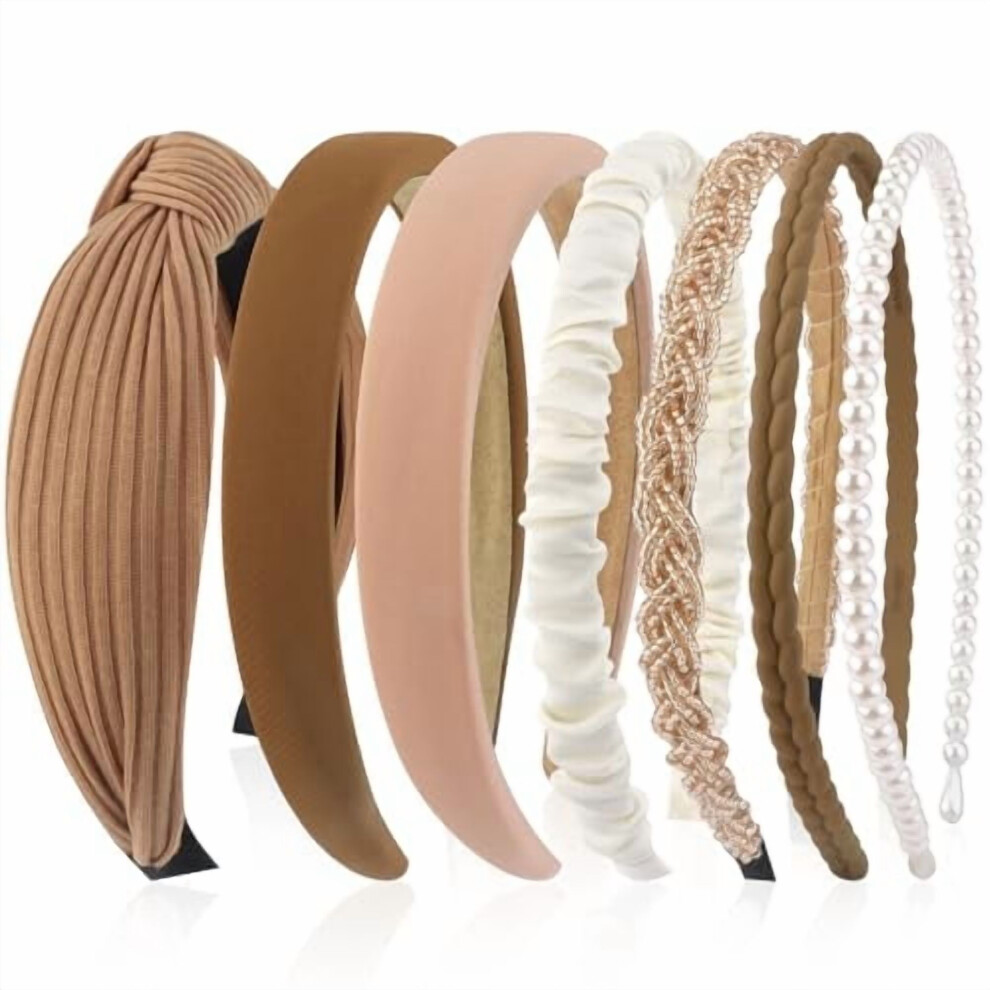 Unisex Brown 7-Pc Women's Knotted Headbands With Pearls, Non-Slip Hair Bands For Thin/Thick/Short Hair, Face Wash & Gift Set Â Compatible With All Hair