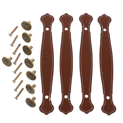 Leather Handle Hinges Silver Brown Cabinet Knobs Set of 2 2