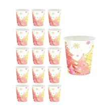 Set di stoviglie usa e getta con motivo albero di Natale e fiocchi di neve rosa e oro.