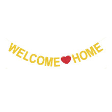 Baner powitalny „Welcome Home”, wyrazisty wzór baneru powitalnego, trwała tkanina bez zagnieceń, łatwa w montażu i zawieszeniu, napis
