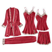 Ensemble de pyjama 5 pièces en dentelle de soie pour femme : robe de chambre, haut, débardeur, pantalon et short – Vêtements de nuit doux et
