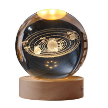 Crystal Color Night Light with Carved Crystal Inside, Luminous Ornament, Starry Gift with Wooden Base,Solar System