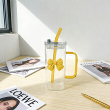 Gobelet à eau en verre avec anse et paille, 400 ml, jaune